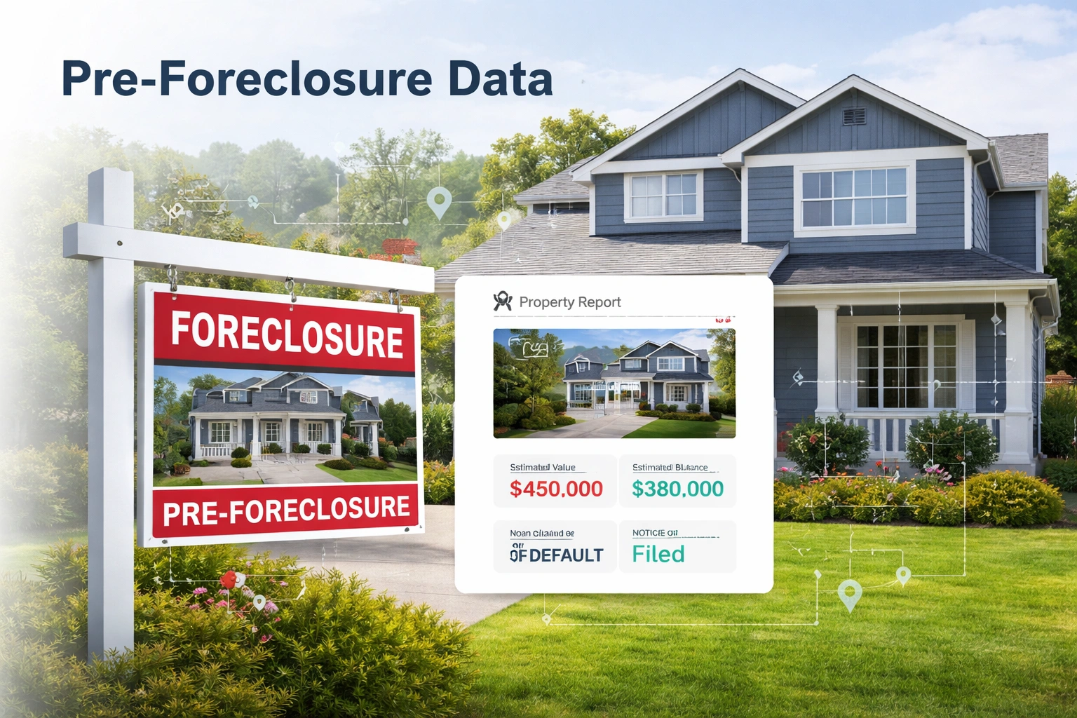 Pre-Foreclosure data platform dashboard showing nationwide foreclosure leads with state-level search and filtering