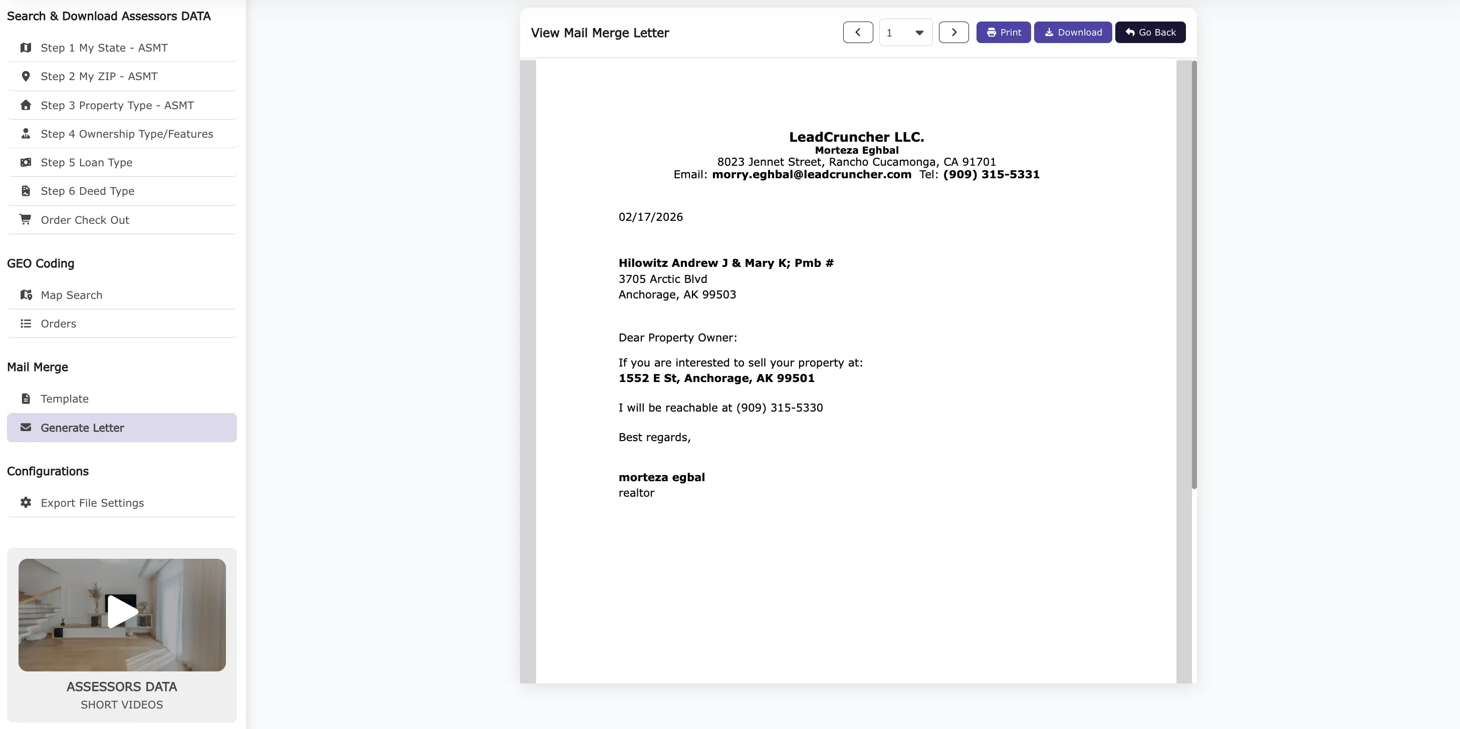 Assessors Data Mail Merge Generate Letter