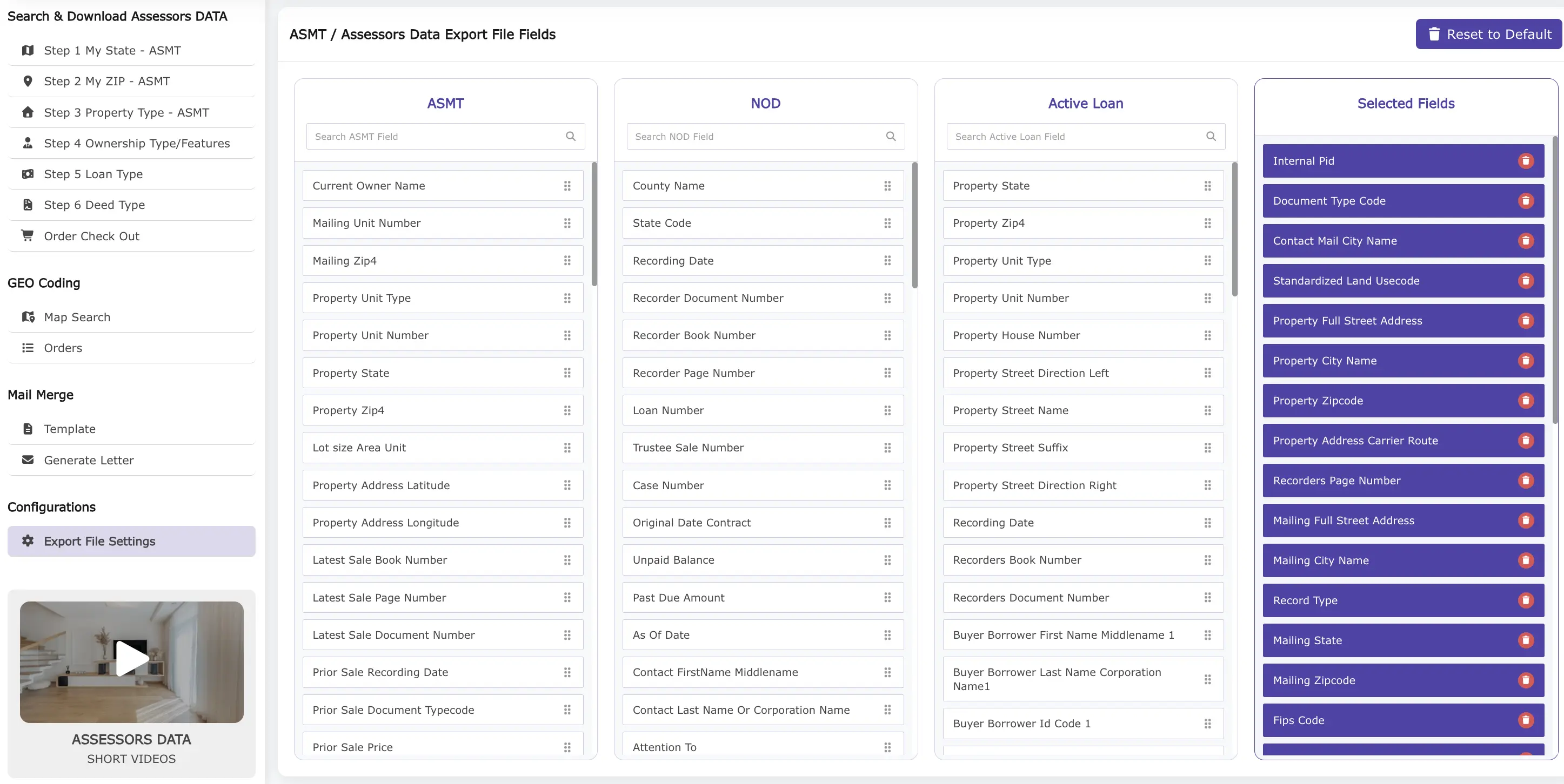 Assessors Data Export File Settings