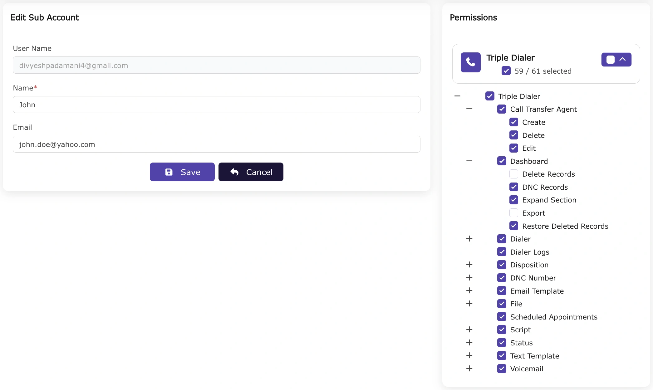 Dialer Sub Account Permission tree Preview